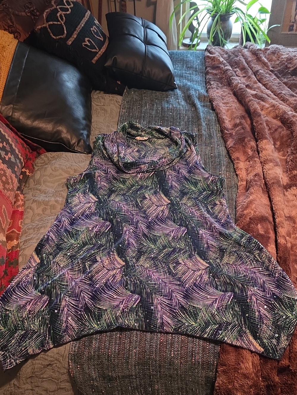 Brittany Black Purple and Green Printed Cowl Neck Tank